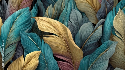 Exotically colored botanical fronds overlap densely creating a rich textured background pattern