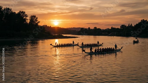 The scene of Loong Boat race on the river at sunset