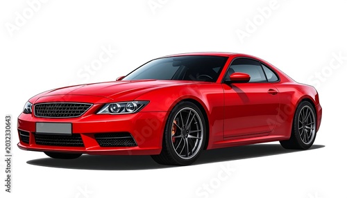 A sleek, red sports coupe is isolated on white. It has a low profile, sporty wheels, and a modern design. Perfect for automotive visuals