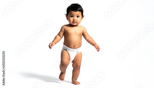 A small baby with dark hair and a diaper takes a tentative step forward against a white background, arms outstretched