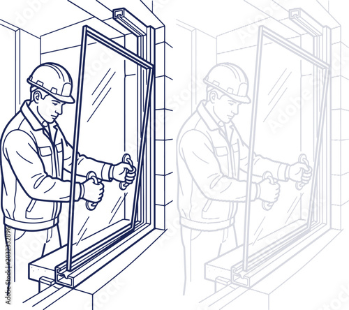 Foto Construction worker installing window frame in building, line art illustration