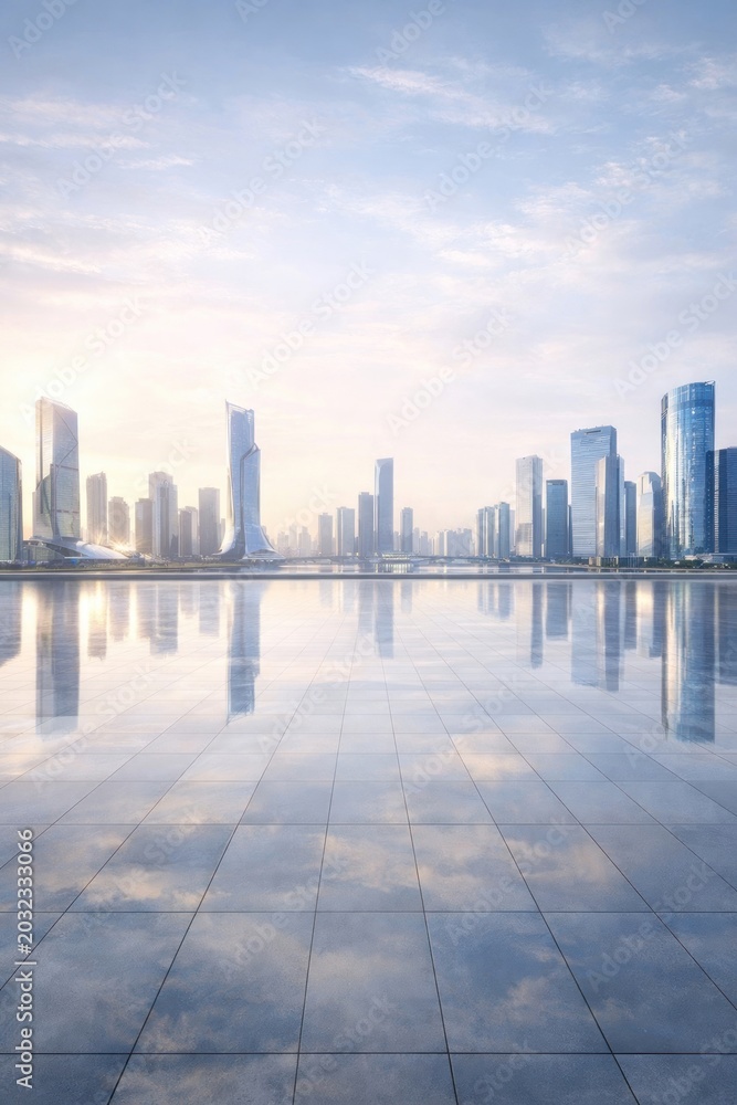 Obraz premium Modern skyline reflecting tranquility.