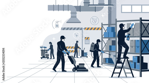 Photos Professional warehouse cleaning crew sanitizing and organizing industrial storage facility