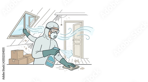 Tableau sur toile Professional worker in protective suit cleaning surfaces in room.
