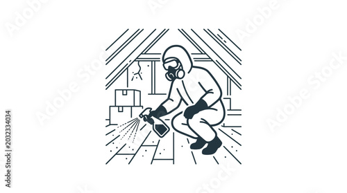 Tableau sur toile Professional worker in protective hazmat suit cleaning and disinfecting a dusty attic