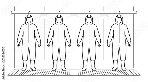 Fotografia Protective Hazmat Suits Hanging on a Rack Outline Illustration.