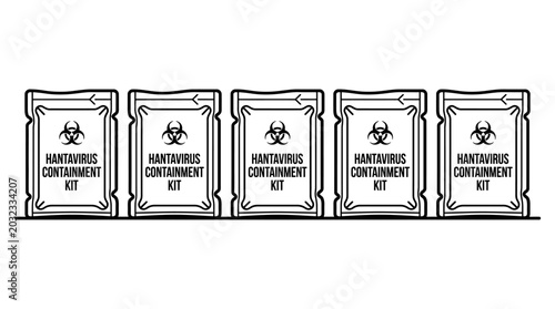 Tableau sur toile Row of five hantavirus containment kit containers with biohazard symbols