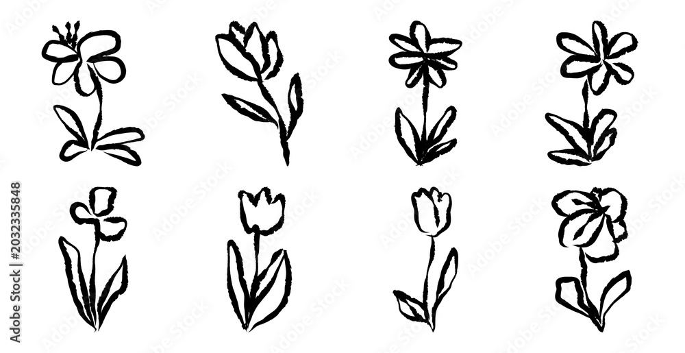 Fototapeta premium Hand-drawn floral ink sketches isolated element set