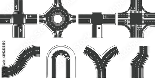 Photos Top View Road Intersection Vector Set with Asphalt Highways, Traffic Roundabouts