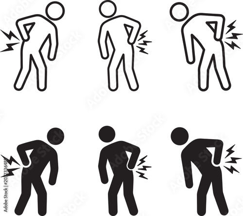 Back pain icon set  in silhouette and line art style
