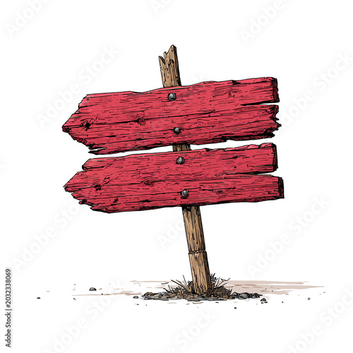 Weathered red double-sided directional signpost with rough wood texture