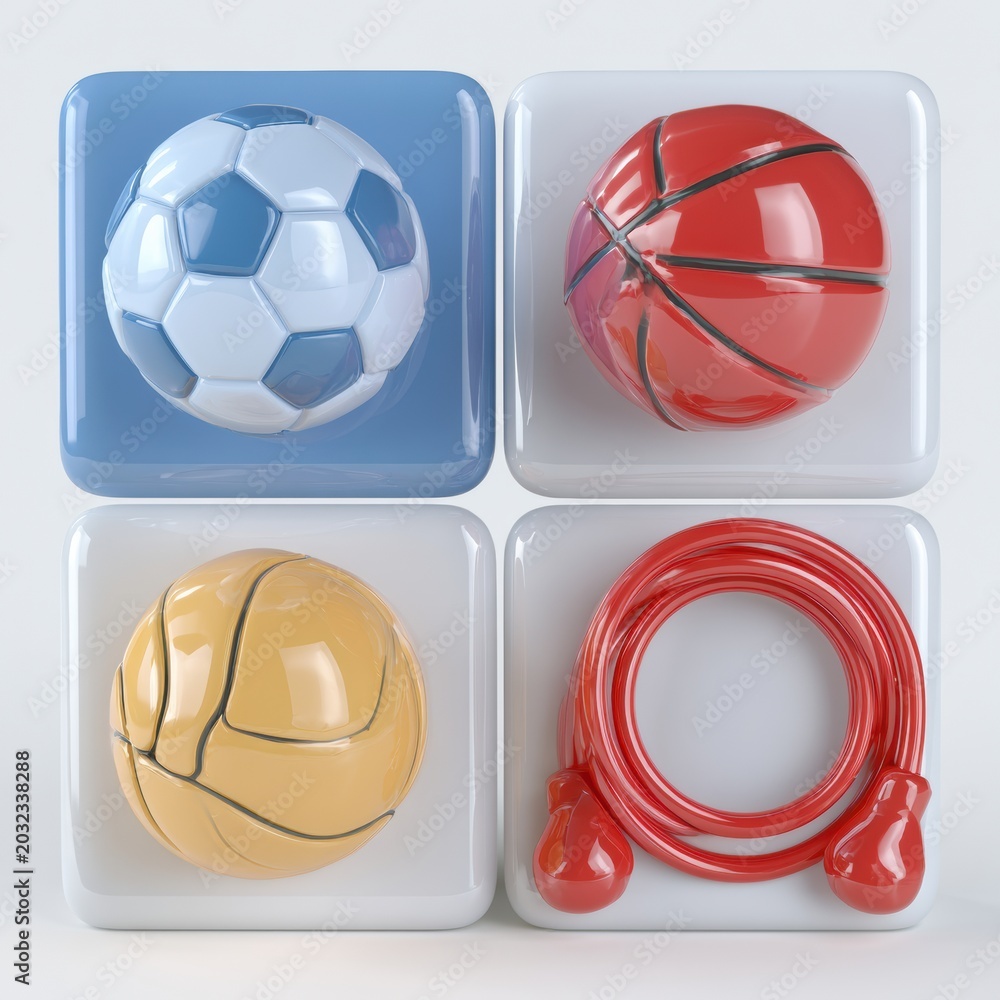 Obraz premium A collection of three rubber toy miniatures showing a soccer ball, basketball, and jump rope arranged on white tiles.