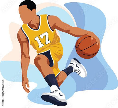 Basketball player dribbling a ball in yellow jersey