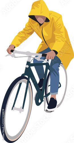 Person riding a bicycle wearing a yellow raincoat