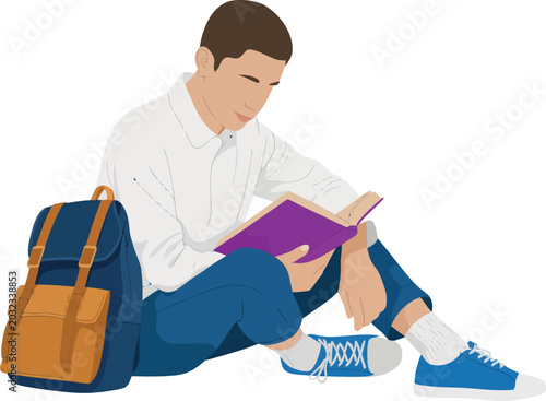 Young student sitting and reading a book with a backpack