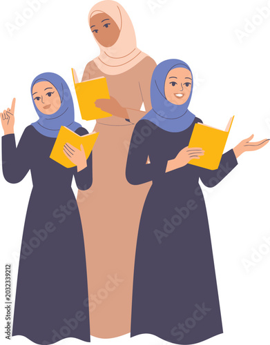 Female teacher and students with books in classroom