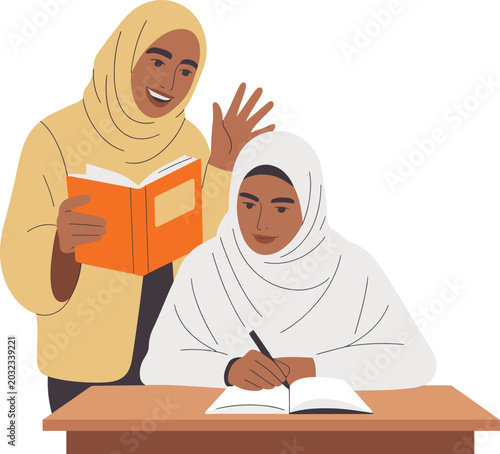 Two women wearing hijabs studying together with books