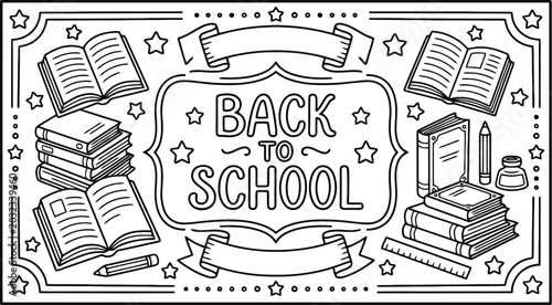Decorative back to school frame with open books and school supplies outline illustration.