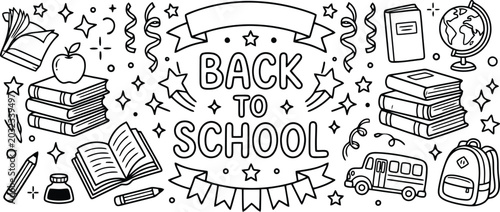 Back to school doodle horizontal banner with cute stationery icons and text in hand drawn style.