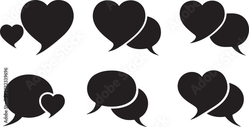 Set of black heart and speech bubbles on white background for chat and love themes