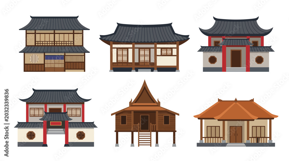Obraz premium Illustrative representation of traditional Asian architecture, highlighting the diverse cultural heritage and unique building designs from East and Southeast Asia
