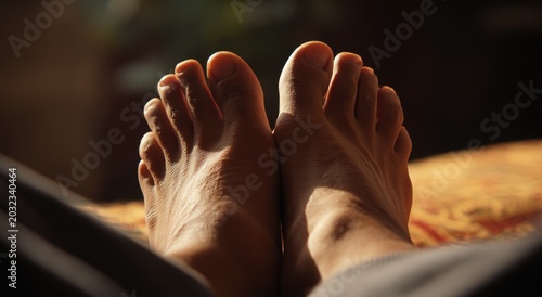 Bare feet bathed in warm sunlight, relaxed on a textured surface