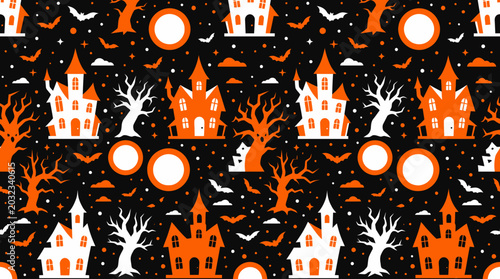 Photos Seamless Halloween haunted house pattern with moons and barren trees
