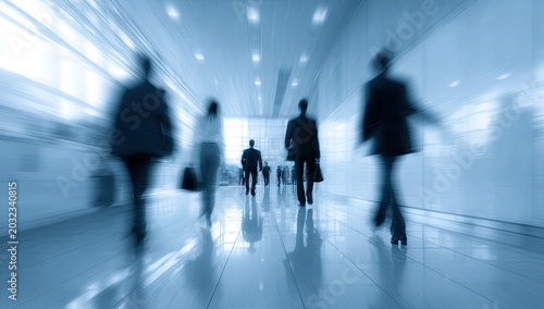 Blurred figures of people walking in a modern, brightly lit corridor.