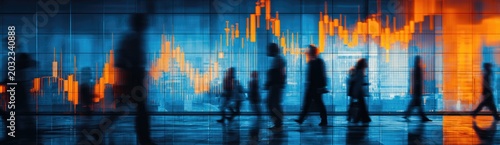 Silhouettes of people walking in front of a large digital screen displaying a stock market graph with orange and blue colors.