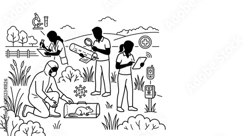 Foto Scientists conducting field research and animal health monitoring in nature