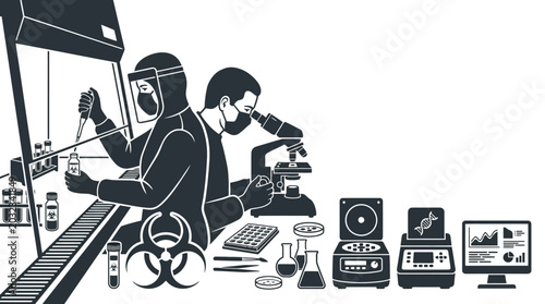 Fotografía Scientists conducting laboratory research with biohazard warning symbol