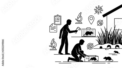 Tableau sur toile Scientists conducting rodent research and pest control study in black and white illustration