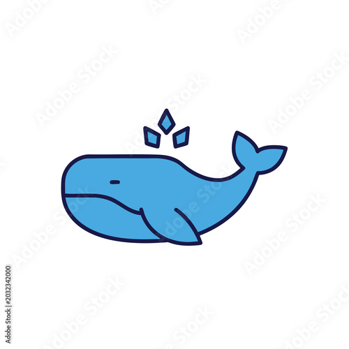 Minimalist blue whale icon illustration with water spray.