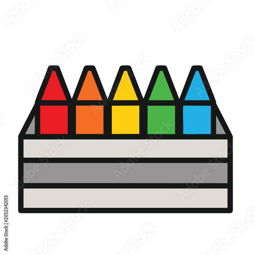 A simple flat vector illustration of a set of colorful crayons in a gray box.