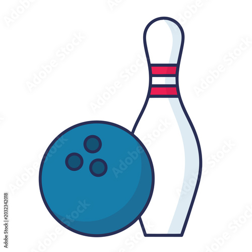 Bowling ball and single pin flat vector icon.