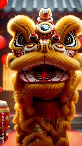 Close up of Traditional Lion Dance Performance