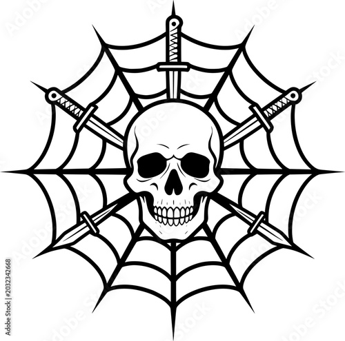 Pirate Skull with Eye Patch on Spider Web svg silhouette. Detailed gothic skull on spider web cut file for cricut, silhouette cameo. Dark vector graphic template for halloween t shirt design and la...