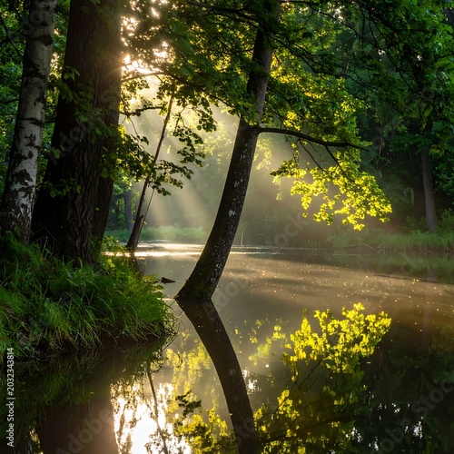 A serene forest lake scene with sunlight filtering through trees