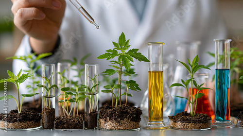 Plant Science Experiment with Fresh Seedlings Laboratory Glassware and Researcher Hand