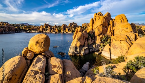 A serene lake surrounded by large, orange-brown rock formations (1)