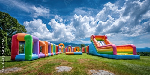 Vibrant inflatable obstacle course on grassy field under a cloudy blue sky