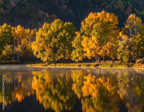A serene lake surrounded by trees with vibrant yellow leaves