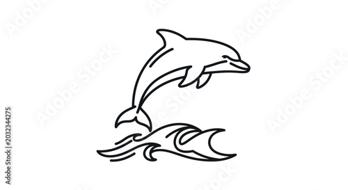 Dolphin jumping over stylized waves, outline illustration, simple, clean, aquatic mammal