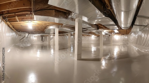 Bright, clean crawl space with white floor and walls, ductwork above