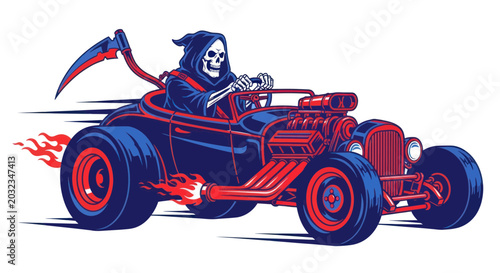 Obraz na płótnie Grim Reaper Driving Hot Rod Car with Flames