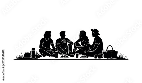 Silhouette of friends enjoying a picnic outdoors on a sunny day.