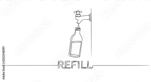 Foto Hand-drawn bottle refilling under tap, simple line art, refill concept