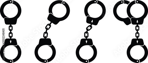 Billede på lærred Steel Handcuffs Silhouette Icon Set Featuring Open and Closed Shackle Positions