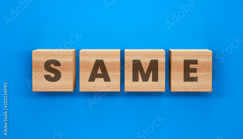 Fotografía The Word SAME on Wooden Blocks: Four wooden blocks with letters spell out the word SAME set against a vibrant blue background, symbolizing unity and similarity