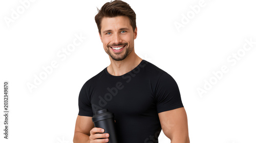 Smiling Muscular Man Holding Shaker Bottle